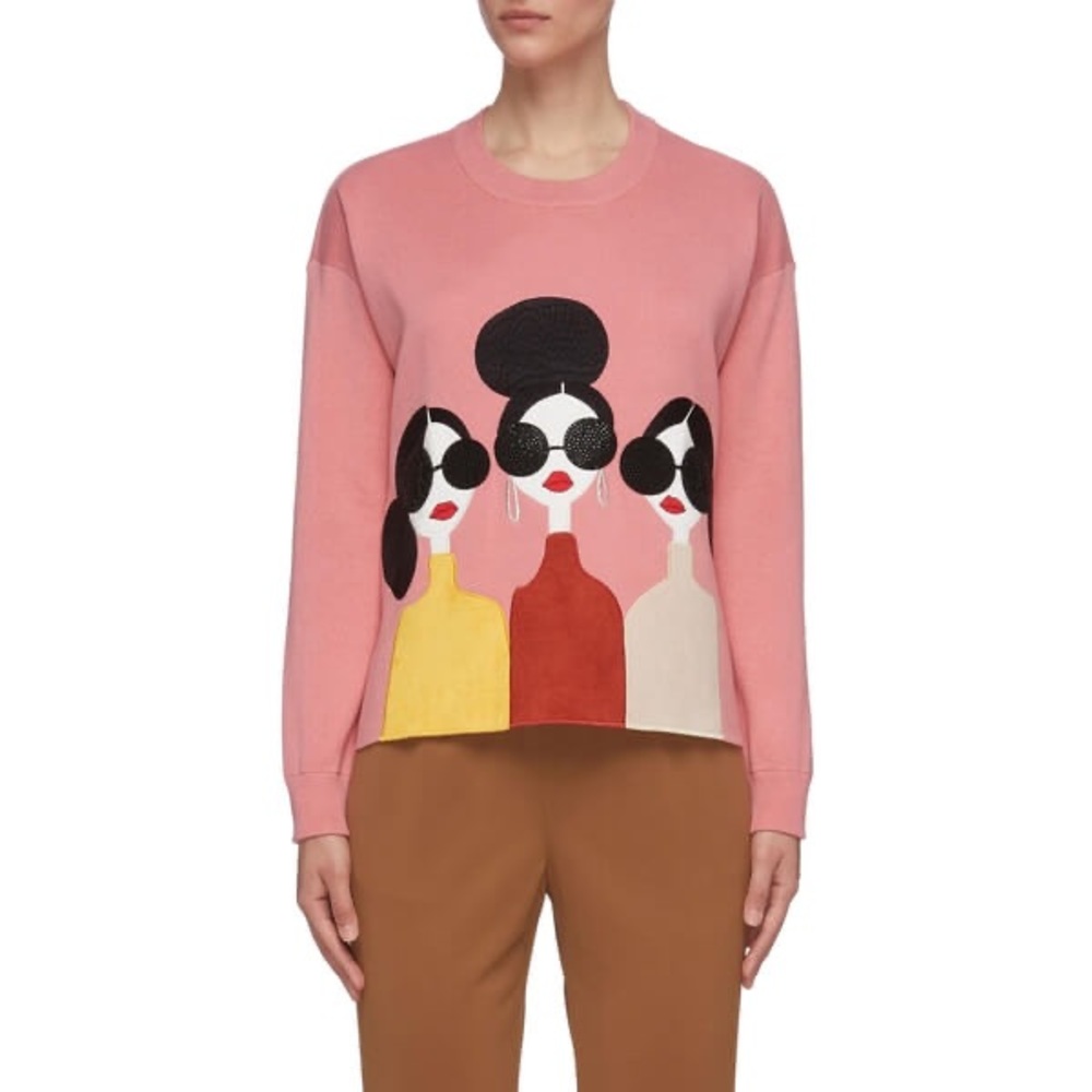 Alice + Olivia Pink Crewneck Sweater with Graphic Women Trio